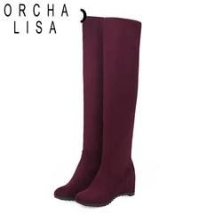 ASILETO Autunno Inverno Moda donna Colori solidi Caldi sopra il ginocchio Stivali lunghi 44 Stivali alti Punta tonda Zeppe Scarpe F1296