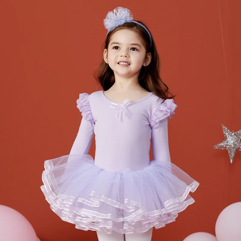 

3-15Y girls Long sleeves Ballet gauze skirt Ballerina toddler kids clothes pink ballet dance dress child cabaret dance costume