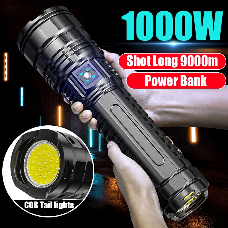 Built-in Battery Flash Light Emergency Spotlights 4km 10000LM 800W Most Powerful Led Flashlights Tactical 15000mah