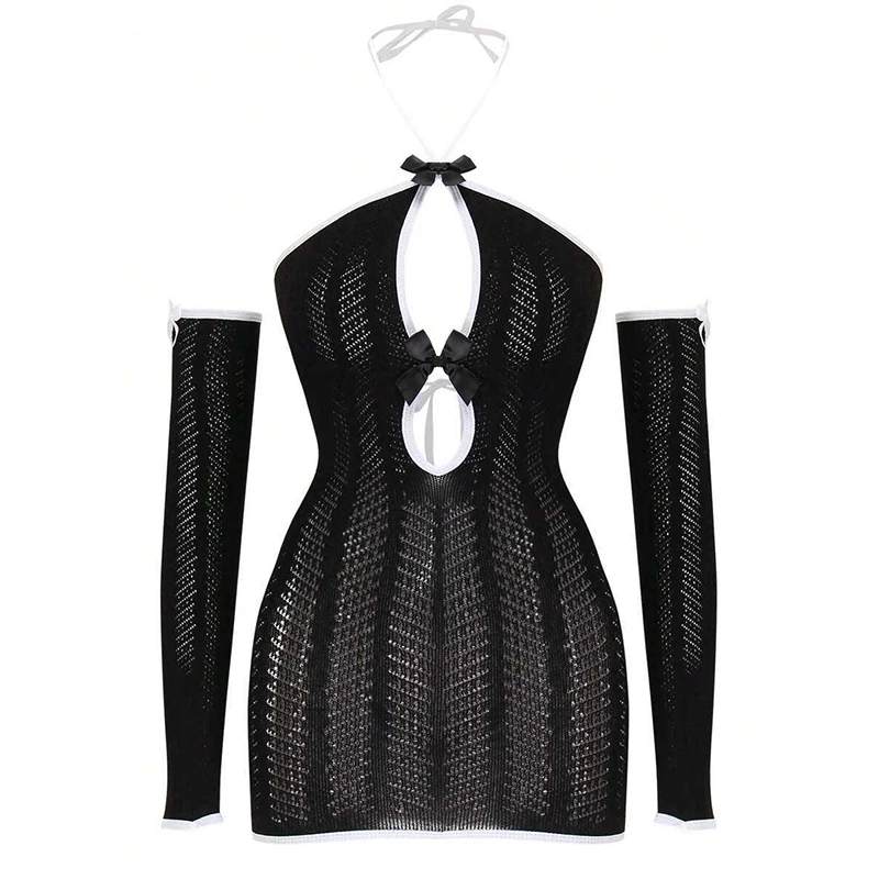 

Sexy Lingerie Openwork Halter Neck Bow Gloves Bodysuit Mesh Nightgown Dress For Women