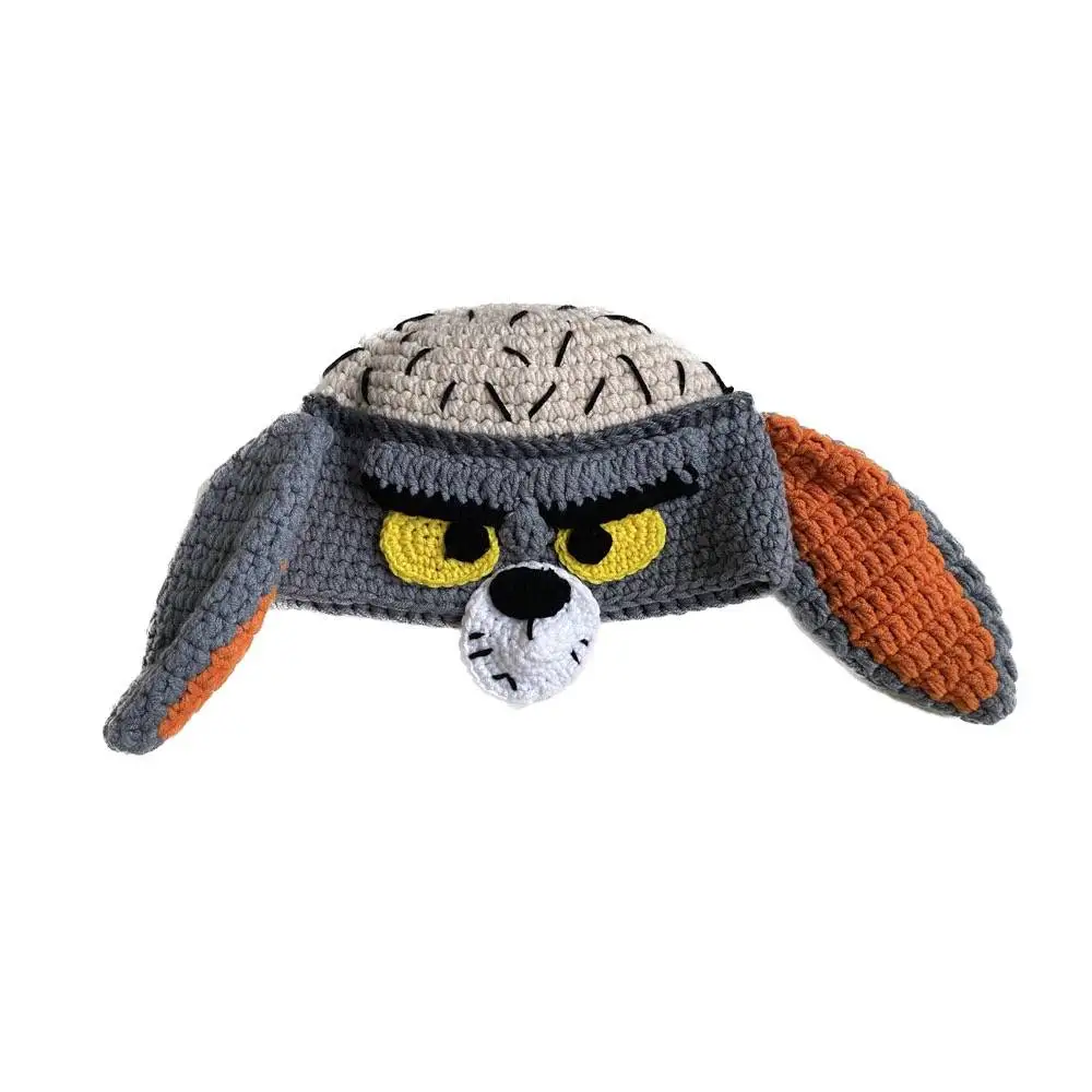 Ins Funny Hand Crochet Tom Cat Beanies for Women Balaclava Spoof  Skullies Cap To Men Winter Knitting Hat