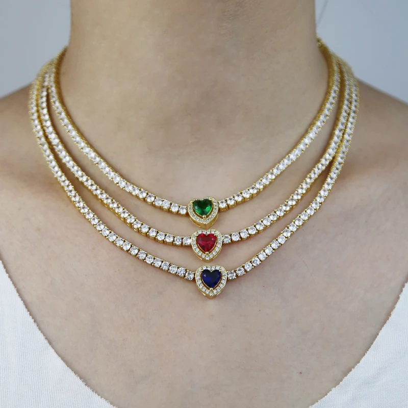 Red Blue Green Heart Charm 3mm 5A CZ Tennis Chain High Quality Iced Out Bling Women Choker Necklace