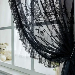 Black Floral Tulle Vintage Voile Sheer Curtain for Bedroom Romantic Flower Embroidered Lace Light Filtering Window Drapes Custom