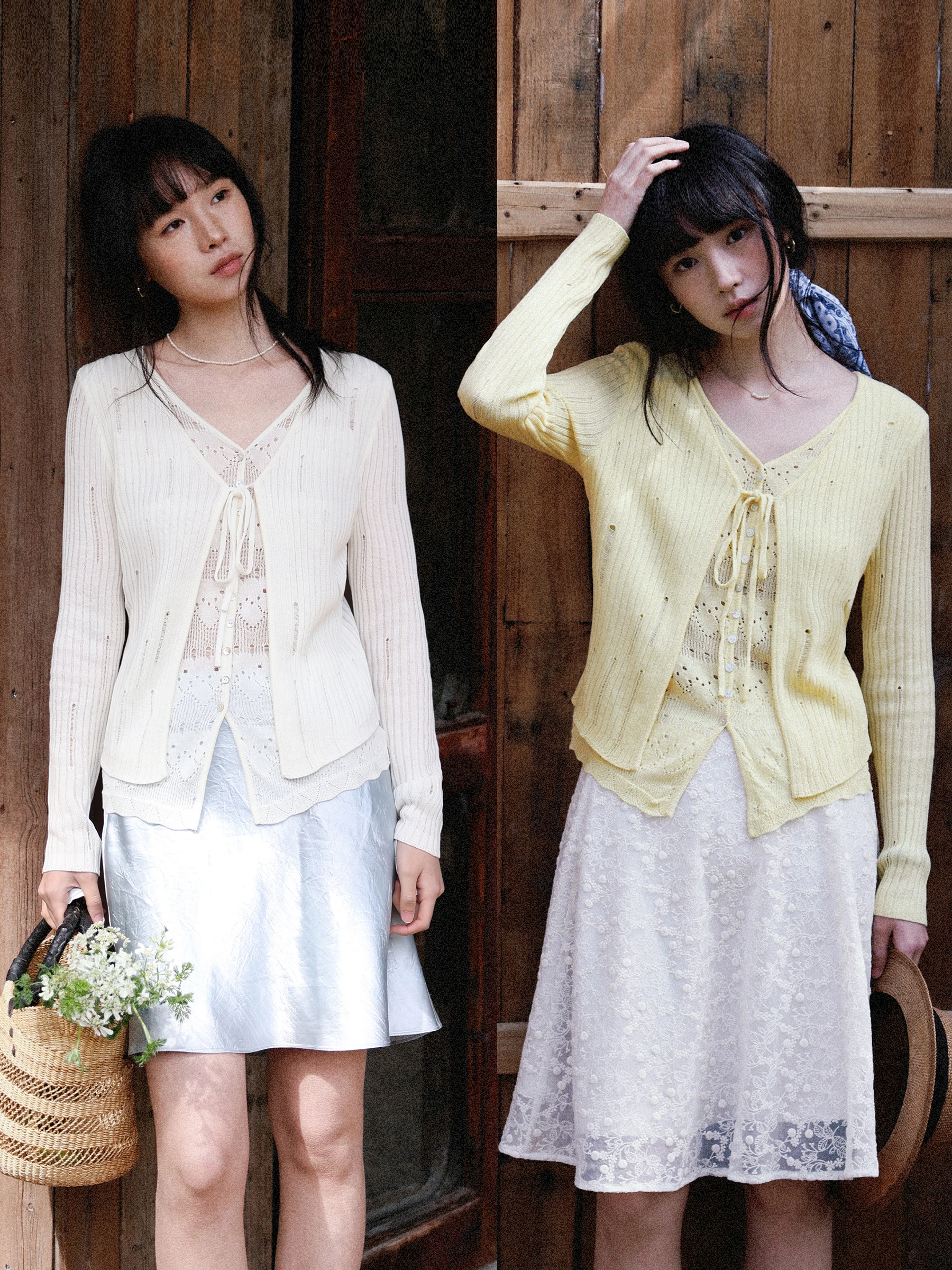 

MUNNS RUIXI Soft Knitted Linen Rayon Blend Cardigan with Belt Hollow out Design French Style Women's Spring Summer Top