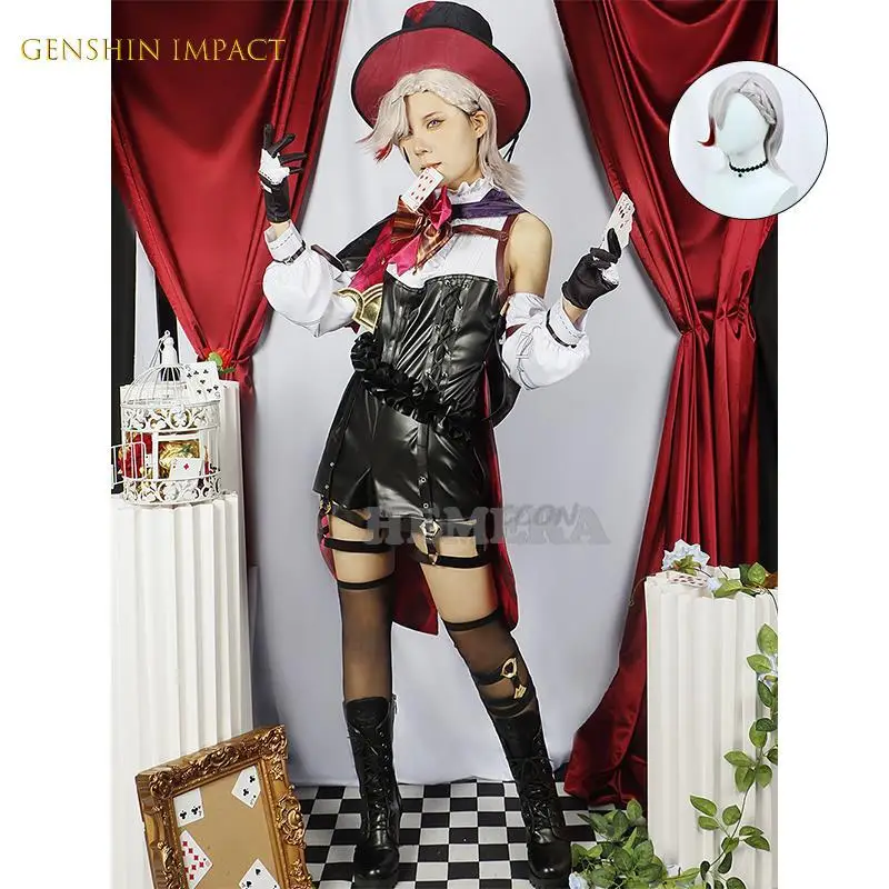 

Lyney Cosplay Genshin Impact Costume Wig Fontaine Lyney Leather Magician Uniform Short Hair Glove Twins Halloween Carnival Game