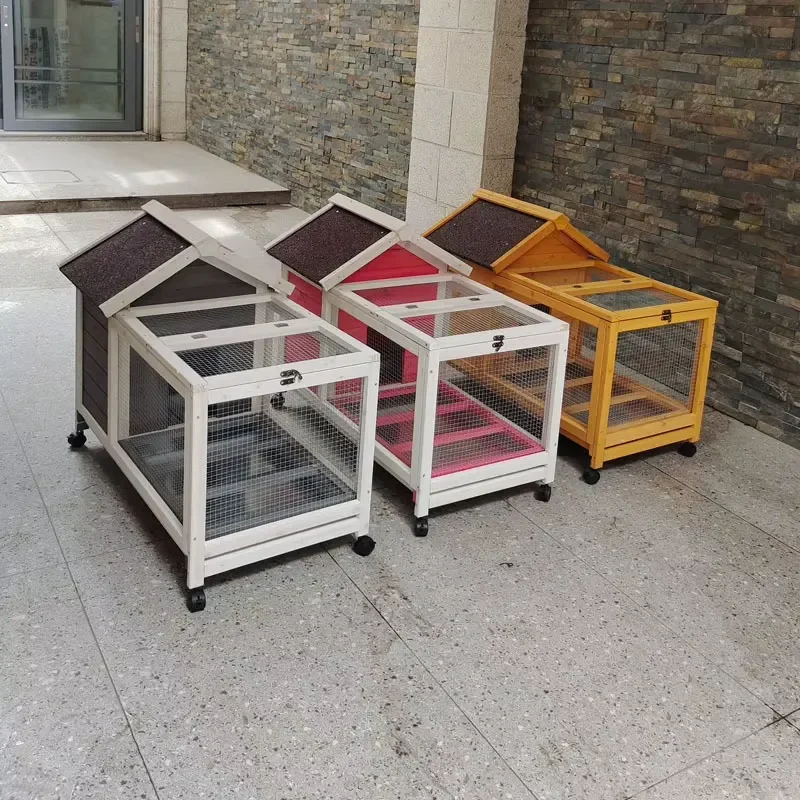 Wooden Small Animal Cage with Wheels Breathable Indoor Outdoor House for Hamster Guinea Pig Rabbit Rodent Pet Habitat
