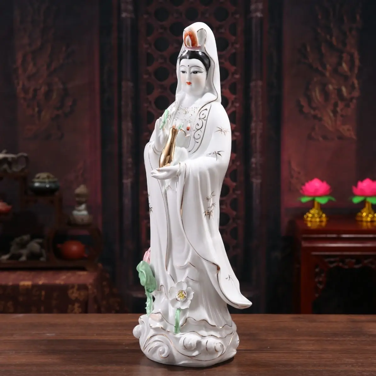 White Porcelain Guanyin Avalokiteshvara Buddha Sculpture Ceramic Ornament Kwan-yin Bodhisattva Statue 35cm Height