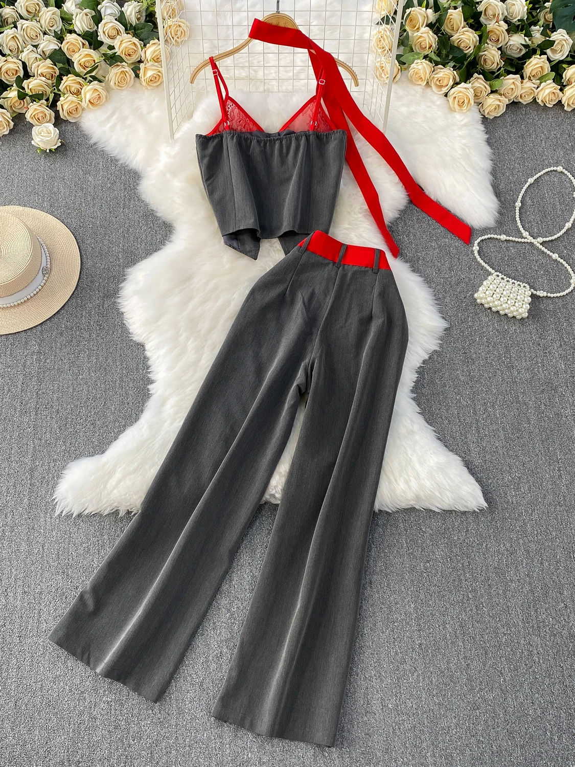 Design Sensual Sexy Lace Splice Ne Hanging Wide Leg Pants Two-Piece Set Slimming Effect V-Ne Button Closure Faionable W...