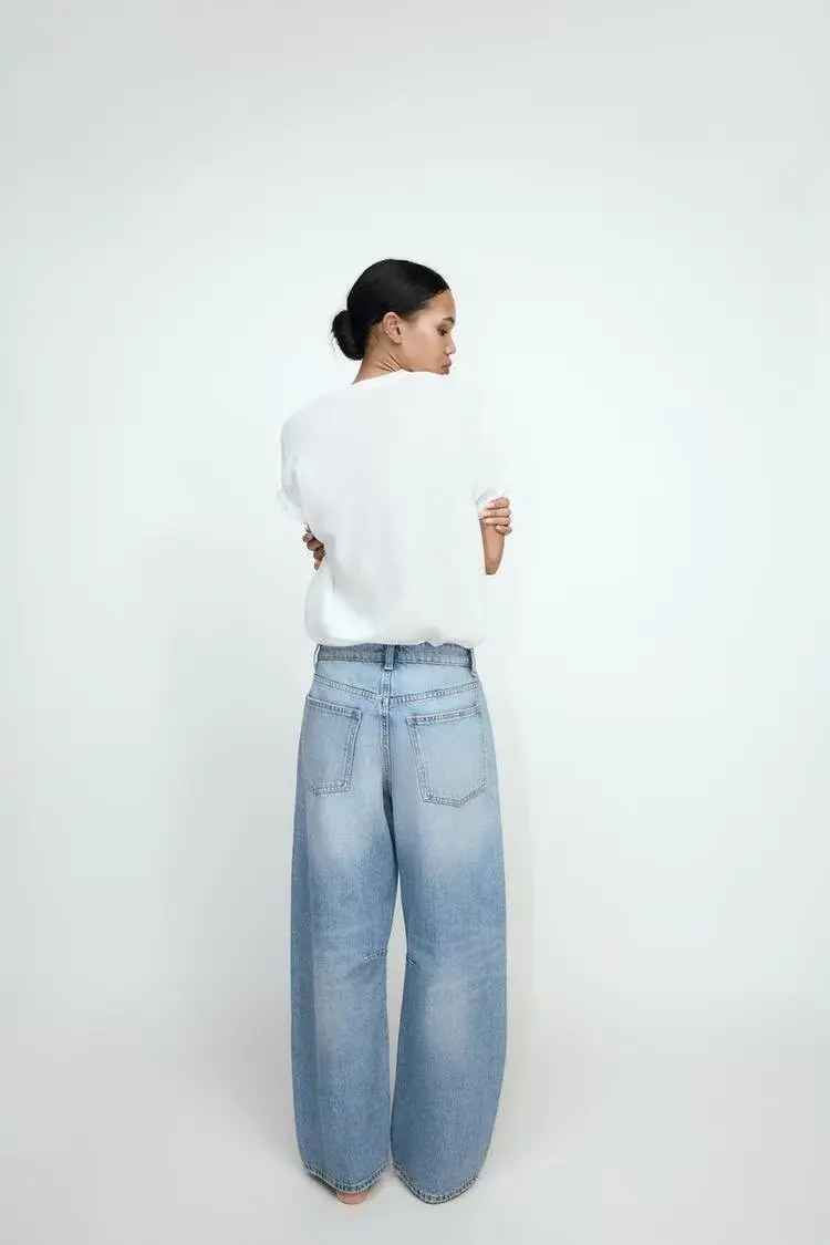 

Spring New Arrival Women's Versatile Loose Balloon Denim Jeans Street Sle High Waist Straight Leg Anti-Wrinkle Blue