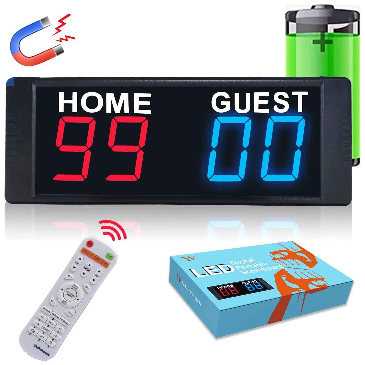 Portable LED Scoreboard w/ Remote, Tabletop Digital Score Keeper for Cornhole Basketball Ping Pong Baseball Tennis Volleyball