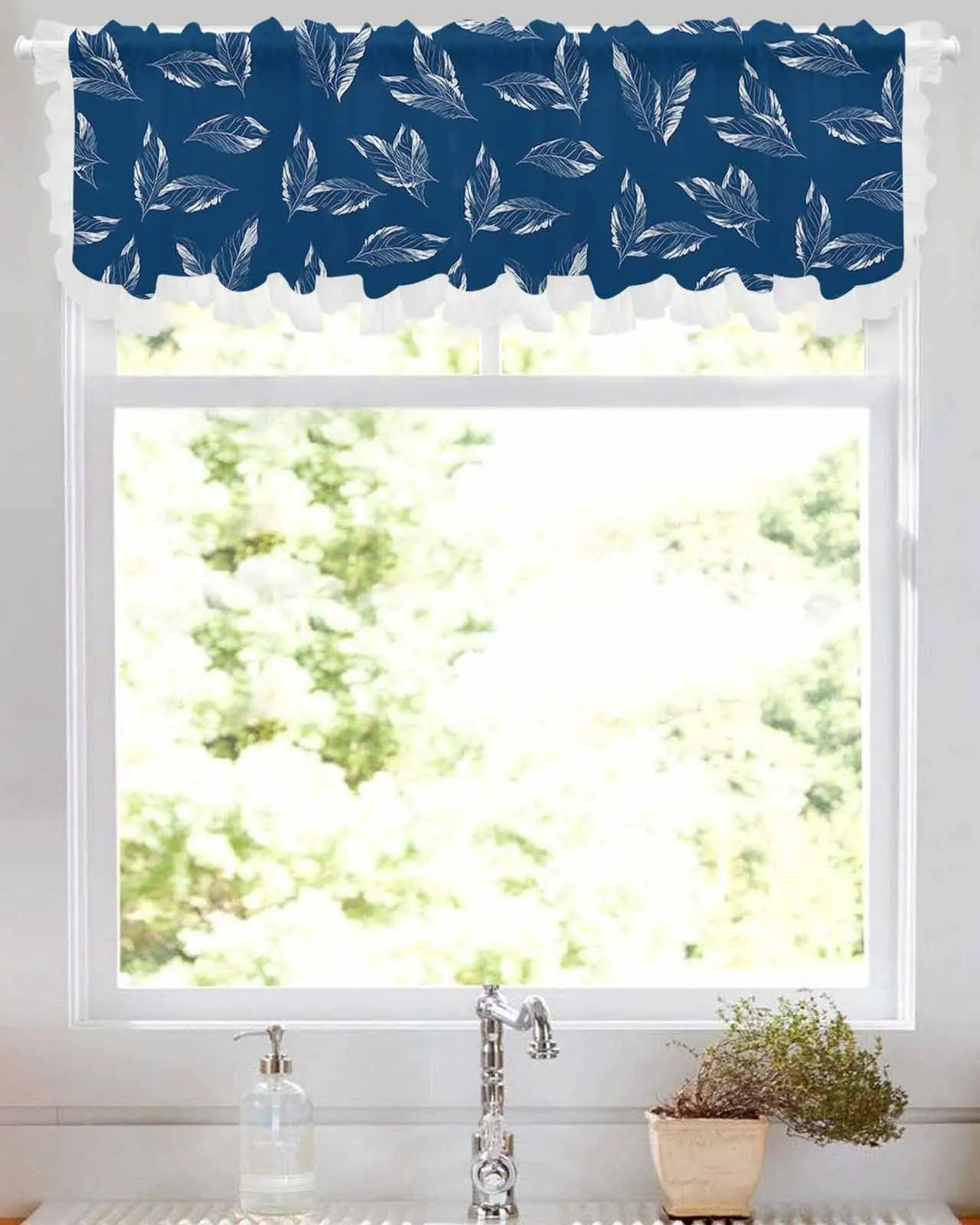 Leaves Hand Painted Watercolor Short Tulle Half Curtains for Living Room Kitchen Door Cafe Window Sheer Valance Drapes