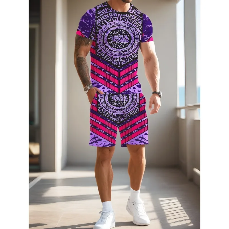 2025 Fashion Leisure Summer Men's Sports Style 3D Digital Printing Pattern Round Neck Short Sleeved T-shirt Shorts 2-piece Set
