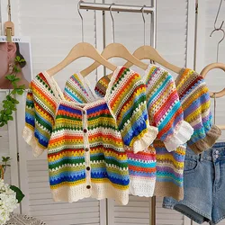 Saai honing regenboogkleuren vierkante kraag dameskleding voor de zomer korte mouwen tops single-breasted mode damesblouses