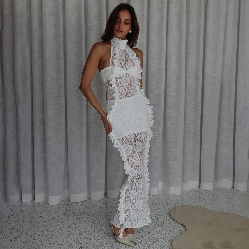 

Прозрачное женское платье с лямкой на шее и рюшами, осеннее платье 2025 года, вечернее платье с открытой талией, новая белая юбка с открытой спиной для клубной вечеринки, в наличии