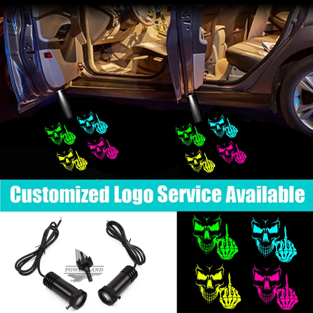 2Pcs Wired LED Middle Finger Skull Logo Car Door Welcome Projector Shadow Lights