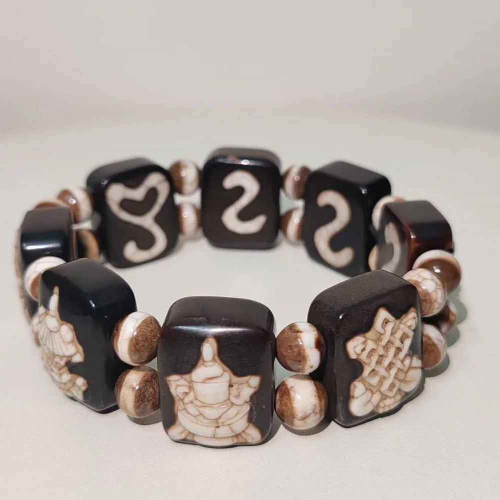 1pcs Tibetan Totem Fire Festival Buddha Brand Bracelet Eight Guardian Gods Carving, Agate Tianzhu,Eight Auspicious Hand Rows Dzi