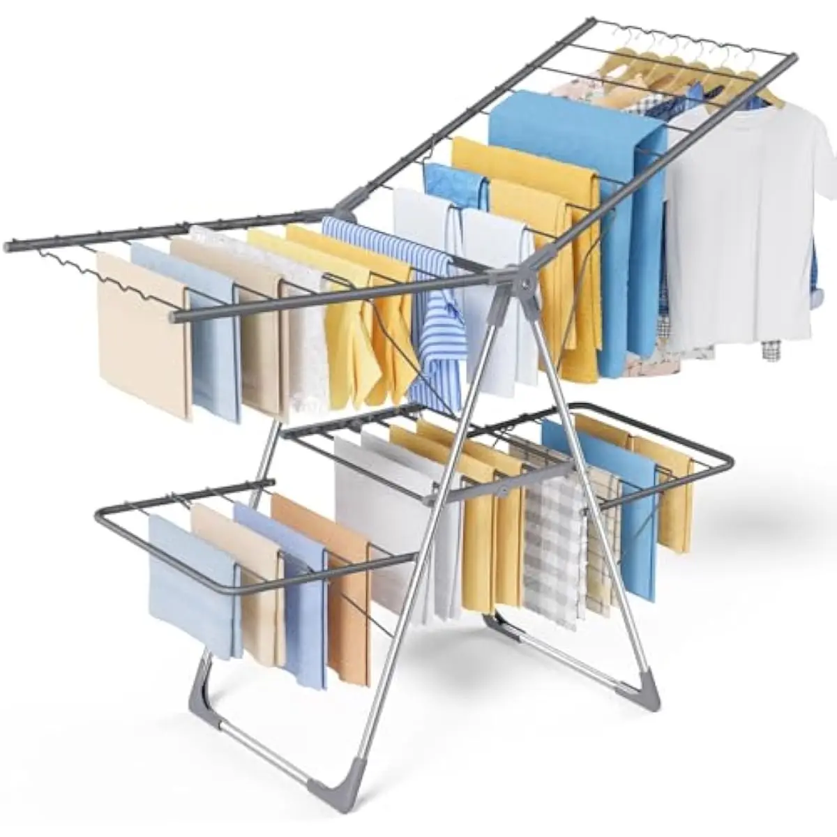 Foldable Two-Tier Laundry Drying Stand with Adjustable Height Levels and Wide Extendable Wings for Indoor Outdoor Use Space Savi
