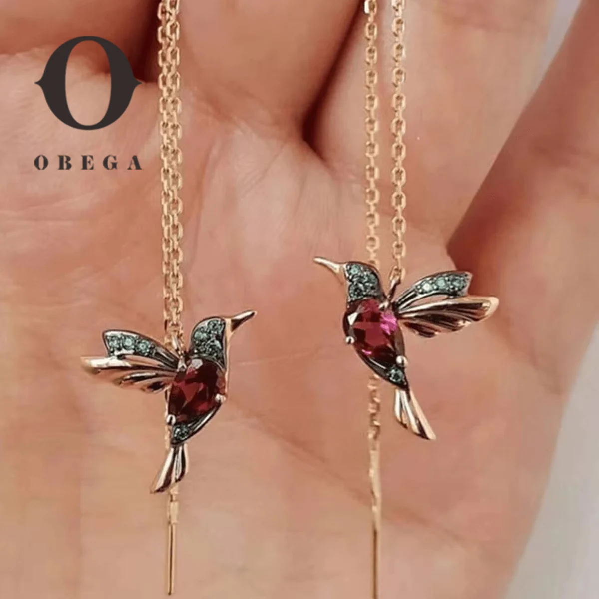 Obega Hummingbird Shiny Crystal Long Earrings For Women Green Stone Red CZ Wing Spreading Drop Earring Wedding Party Jewelry