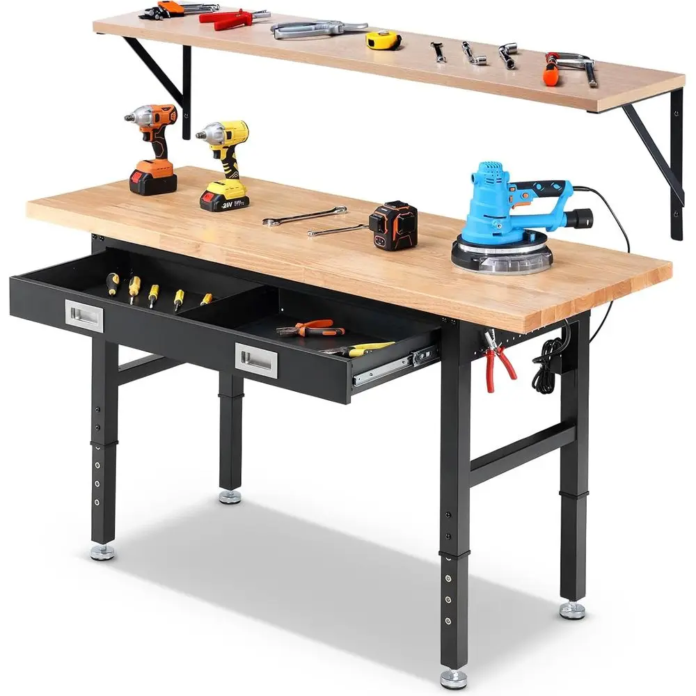 

60 Inch Adjustable Heavy-Duty Garage Workbench with Shelving, Power Outlets, and Rubber Wood Top for Workshop and Home Use