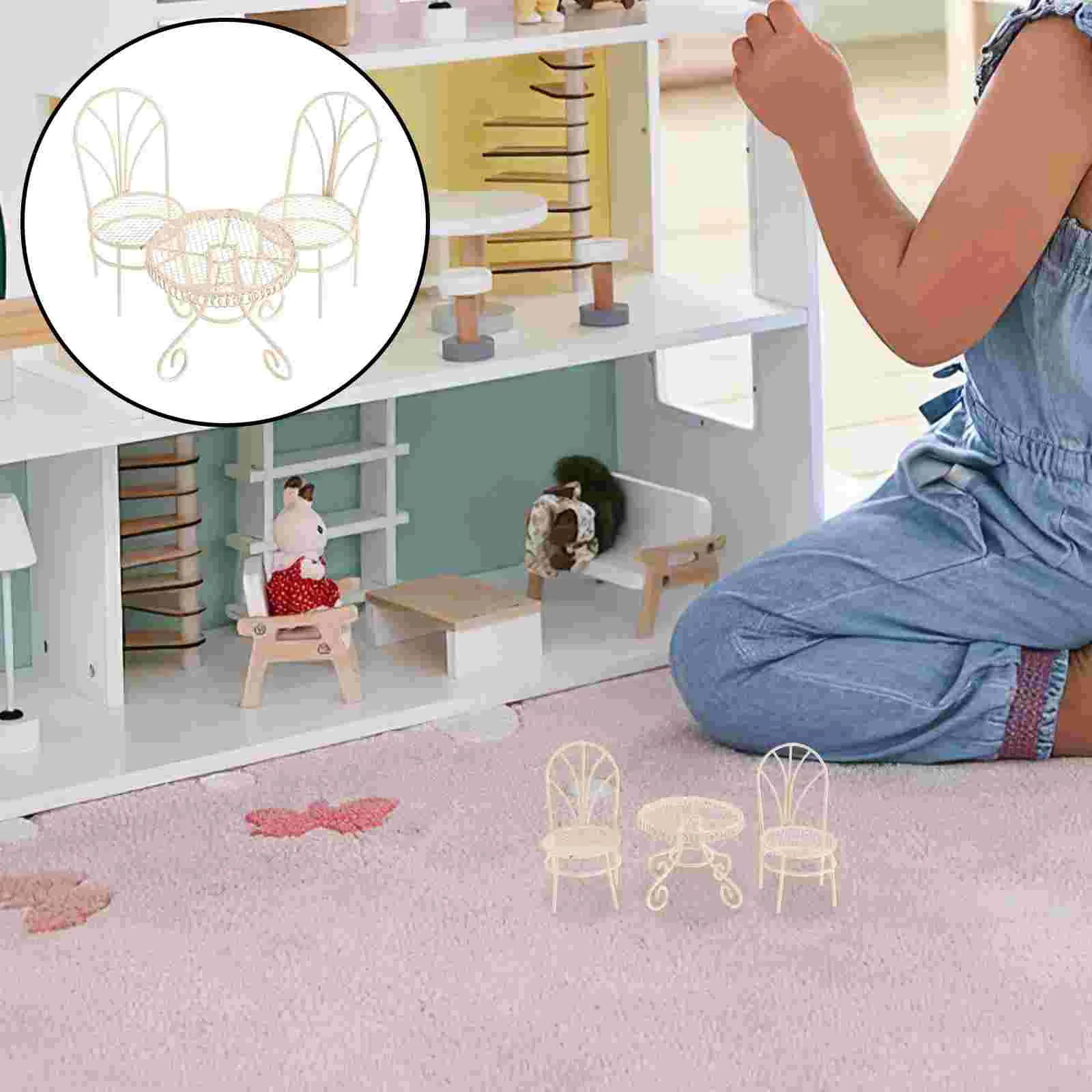 Mini Table and Chair Set Miniature Dollhouse Accessories Garden Stool Exquisite Model Furniture for Fairy Desktop