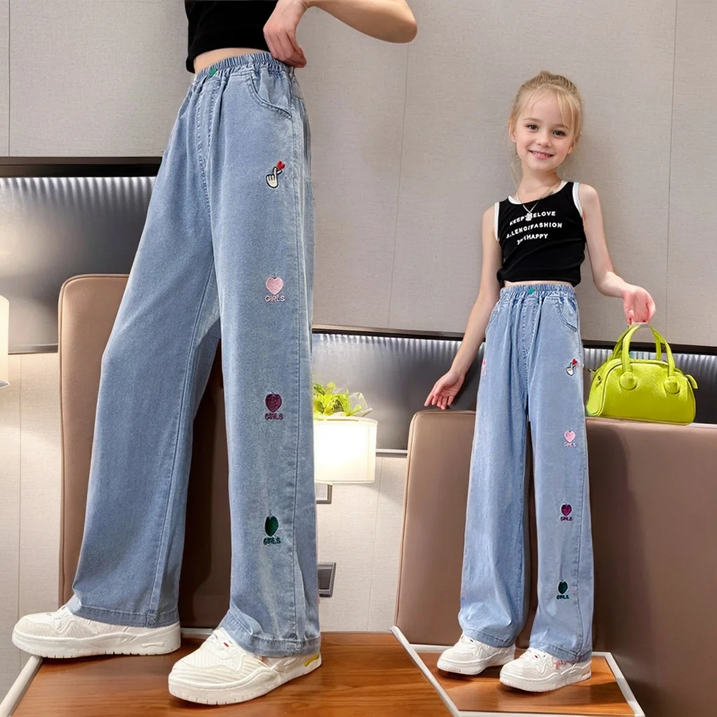 

Girls side love-Tiansi jeans 2025 summer new product fashionable and versatile medium and large children wide-leg pants casual