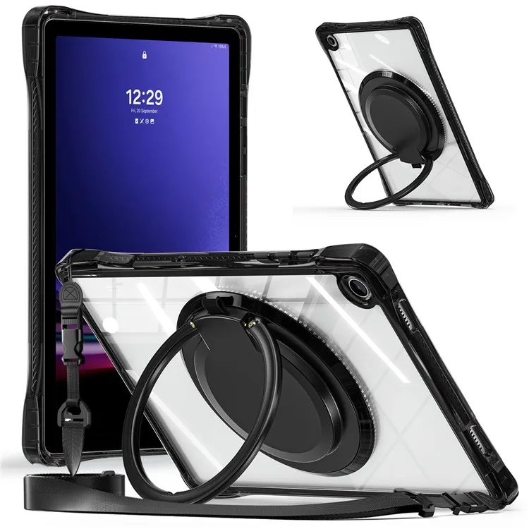 

For Samsung Galaxy Tab A9+ SM-X210 / X216 / X218 Case with Shoulder Strap Kickstand PC+TPU+Acrylic Tablet Cover - Black