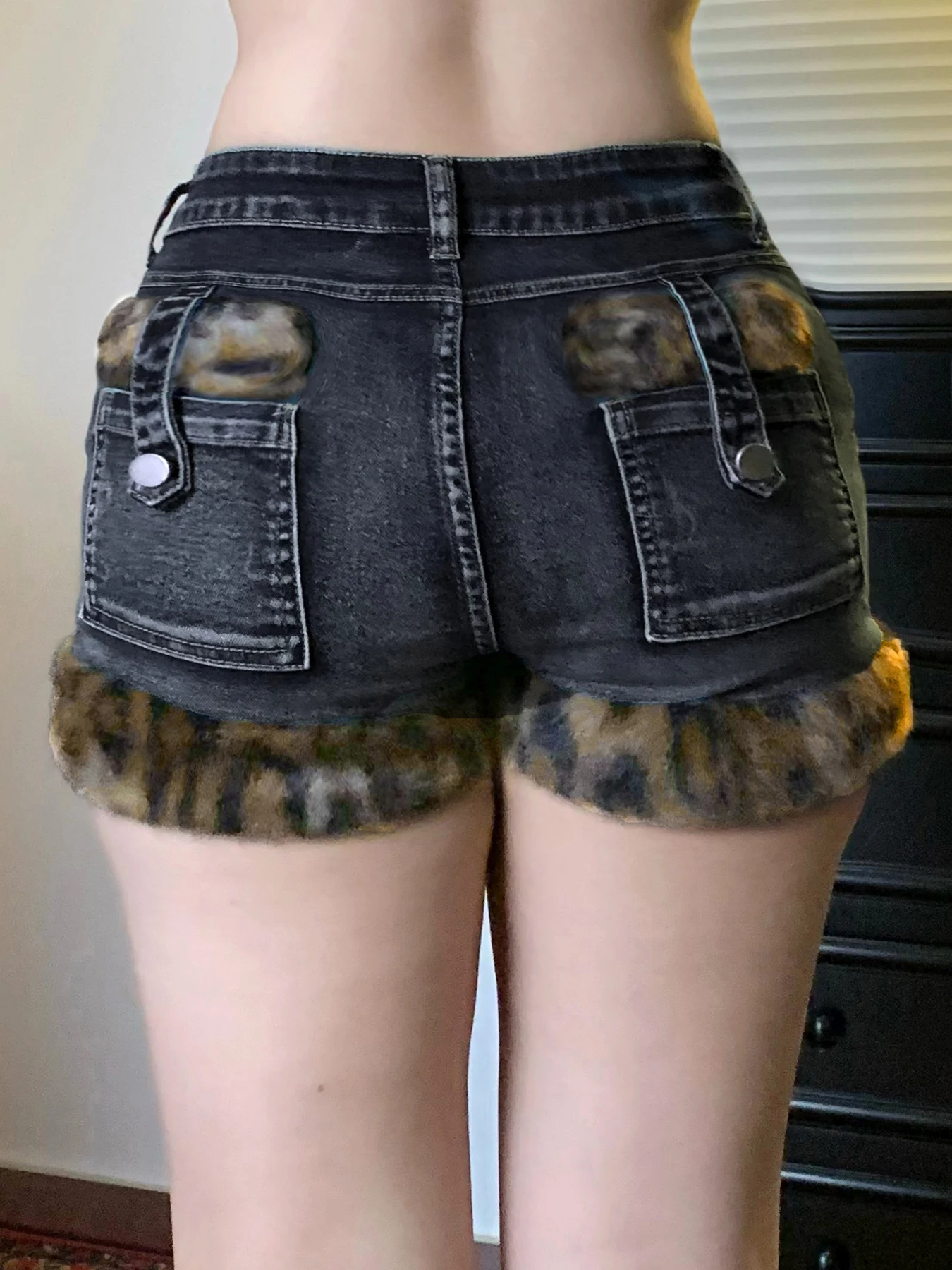 AltGoth Streetwear Y2k Denim Shorts Women Dark Academia Gothic Cyber Punk Leopard Fur Patchwork Low Waist Jeans Shorts Female