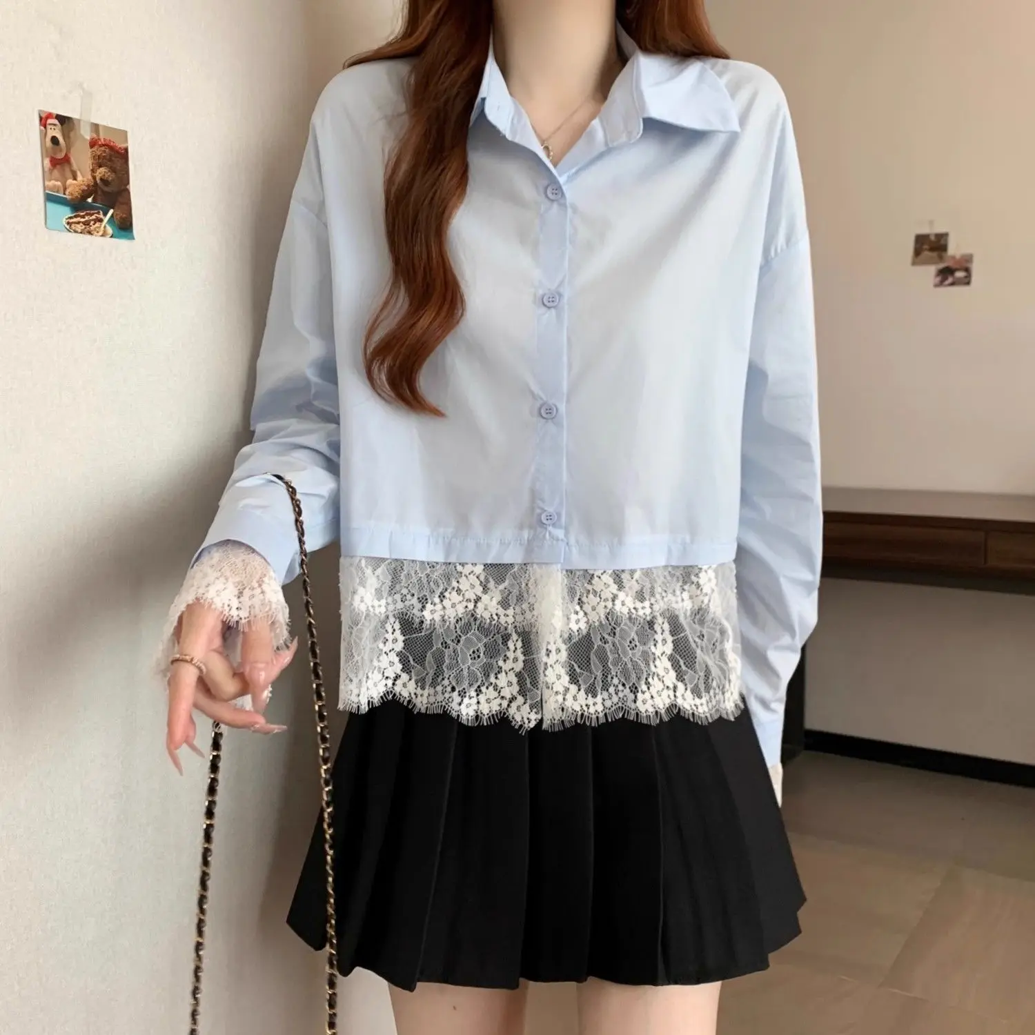 

French Lace Patchwork Shirt 2026 Spring Summer Women Elegant Blouse Femae Longsleeve Blue Shirt Office Lady Base Shirt