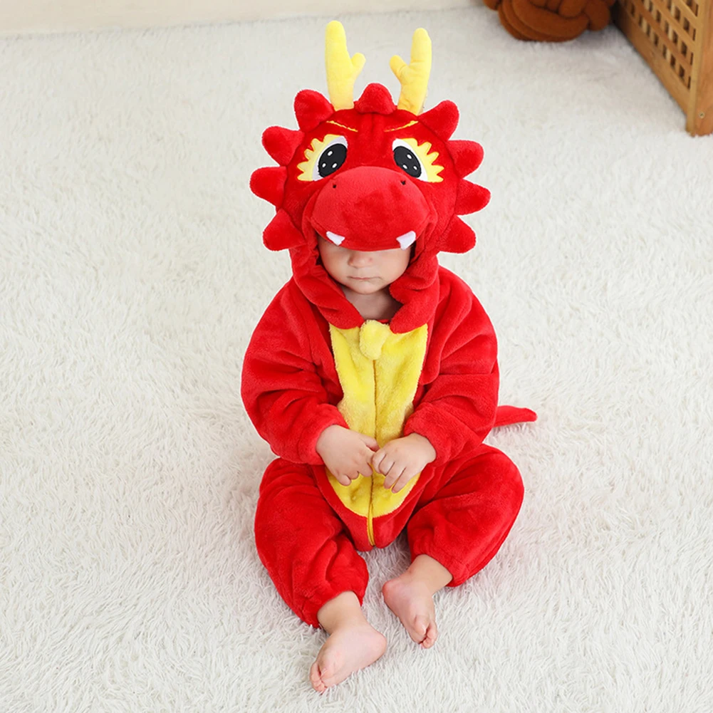 Kids Unisex Red Dinosaur Warm Hooded Nightgown Comfy Thermal Sleeping Clothes For Sleep Wear