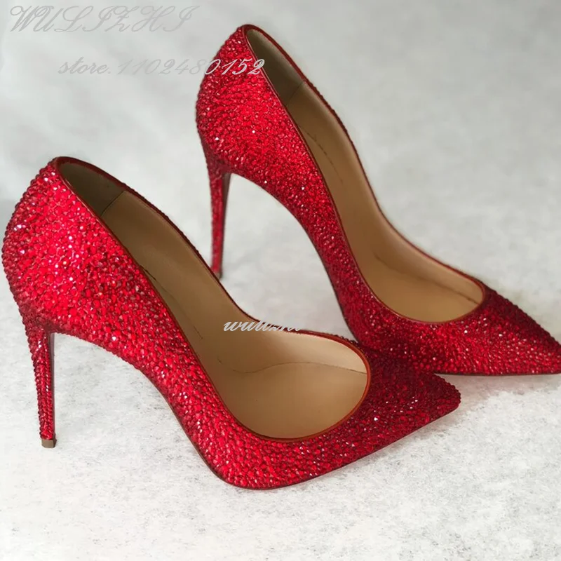 Décolleté rosso pieno di cristalli Donna Lusso Oro Tacchi con diamanti Sandali eleganti Scarpe da festa a punta con lato superficiale Scarpe vuote