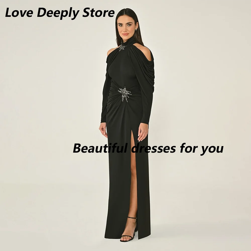 Black Prom Dress Customized Halter Off Shoulder Long Sleeves Evening Gowns Pleat Crystals Slit Straight Elegant Party Dresses image 3