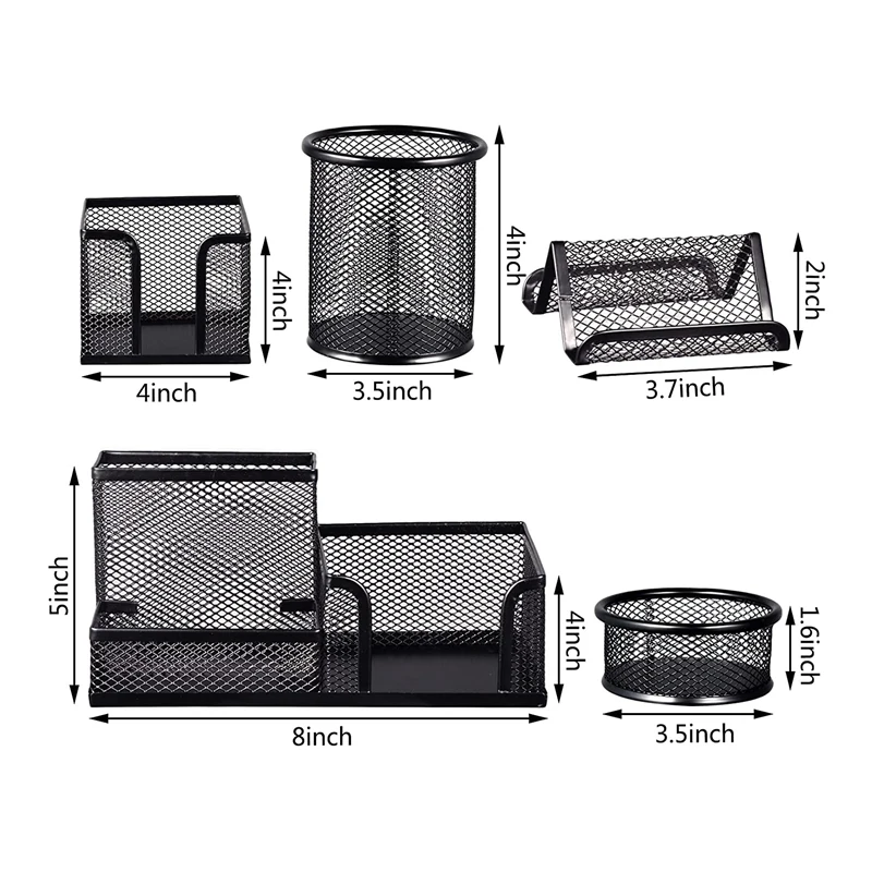 5 Pcs Mesh Desk Pen Organizer Set - Round Pen Organizer For Desk, Pen Holder Set, Pen Desk Organizers And Storage