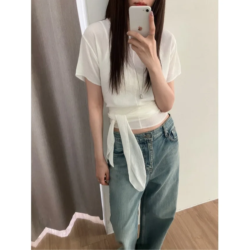 

Nimo Home Chic Summer Design Sense Tie Short Sleeve Top Women's Casual Style Polyester Fiber 100% Lace Shirt/Chiffon