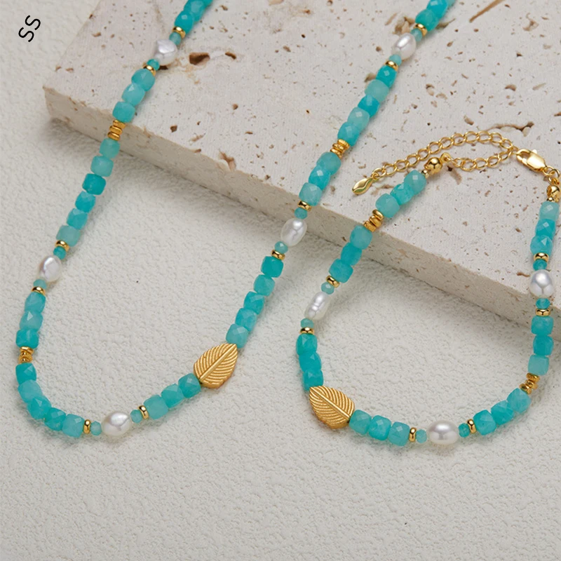 

S925 Silver Super Charms Gemstone Jewelry Accessories Set Natural Amazonite Pearl Necklace Fashion Handbeaded Bracelet Chain