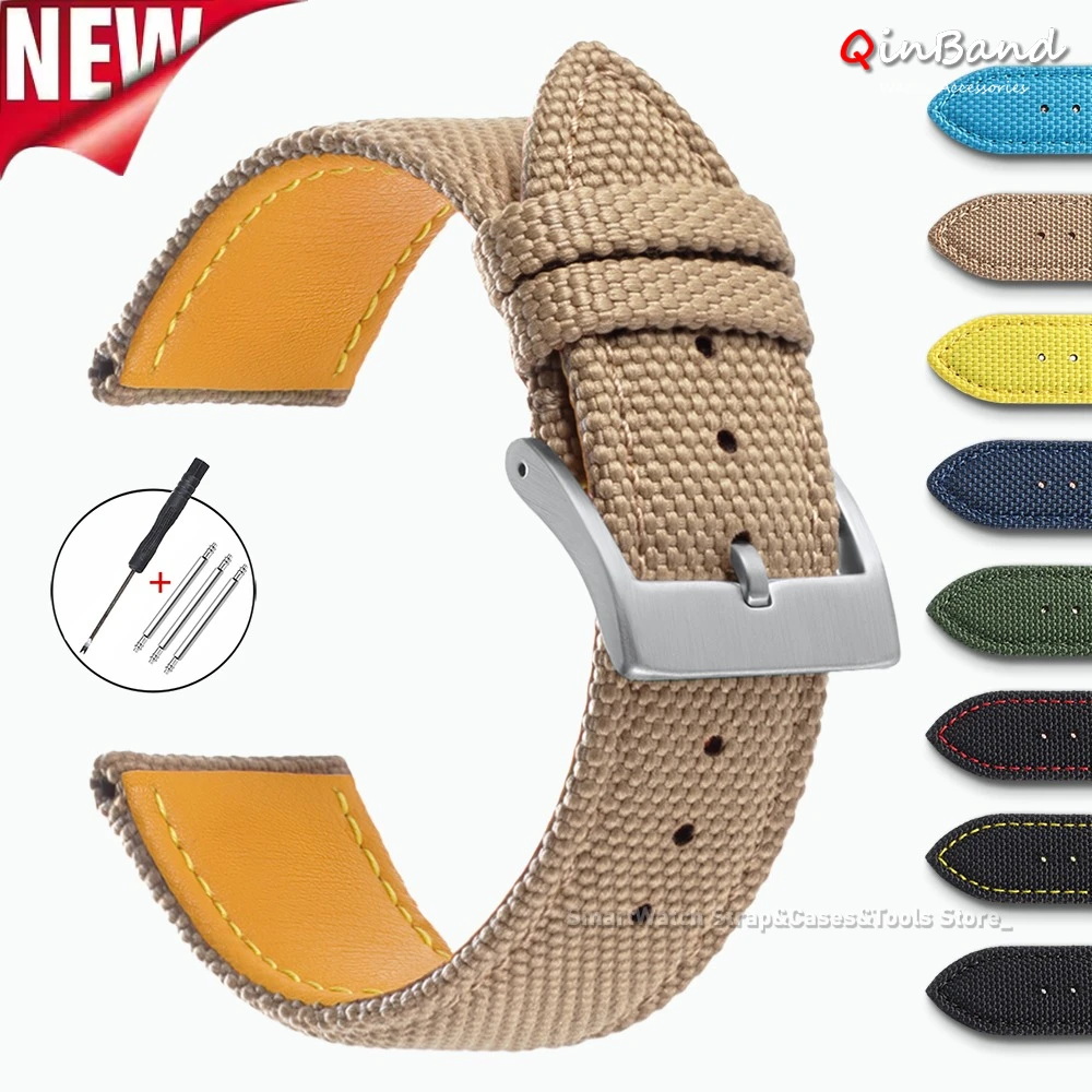 Sailcloth Watch Band Ribbed Nylon Watchband 20mm 22mm Universal Leather Straps for Men Women Casual Sports Bracelet Accessories