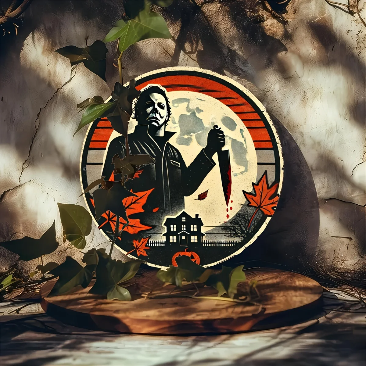 لافتة ألومنيوم دائرية للهالوين من مايكل مايرز - ديكور فني جداري مقاس 11.8 بوصة للمنزل والمقهى والمرآب والمزرعة والعطلات