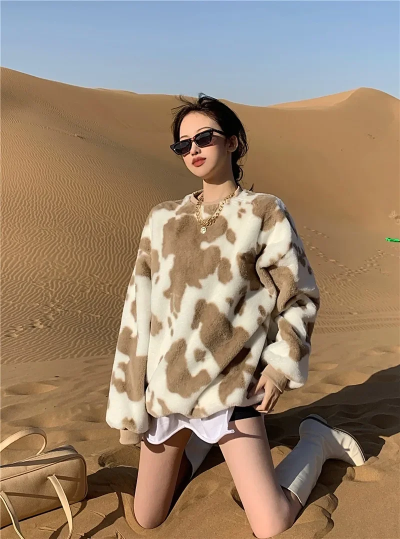 

2024 Ladies Clothes Top Casual Winter Flannel Pattern Leopard Print Long Sleeve O-Neck Retro Pullover Sweatshirt Graphic Hoodie