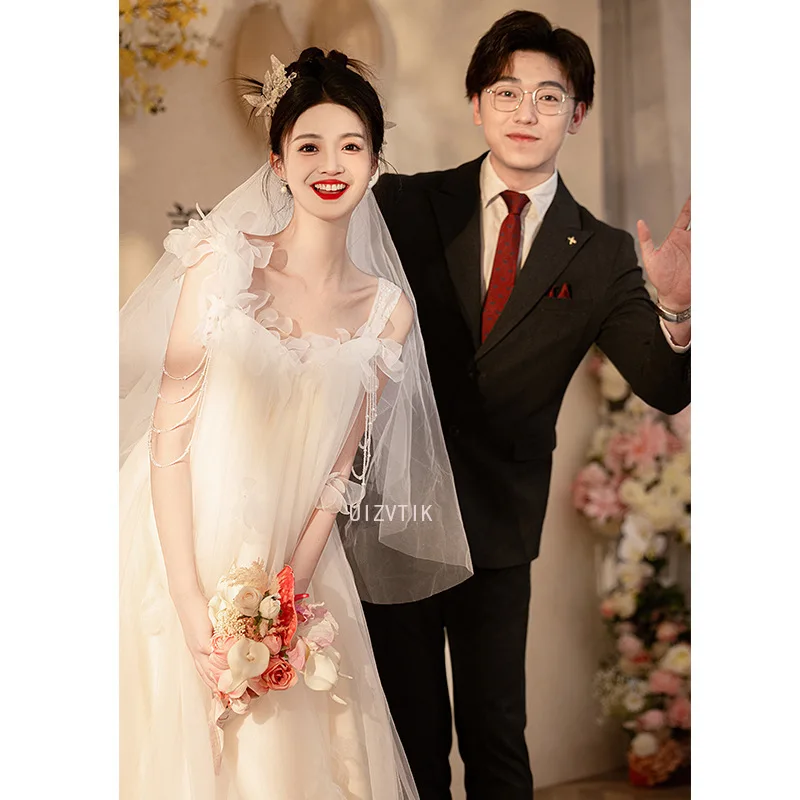 Simple Korea 3D Flowers Soft Tulle Wedding Dresses Elegant Photoshoot Sweetheart Pregnant Bride Gowns Birthday Party Customized