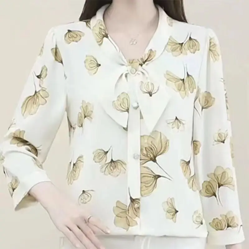 2023 Women Bow Floral Print Elegant Blouses Summer Casual 3/4 Sleeve with Button Shirts Loose Chiffon Tops Blusa Mujer Moda 2023