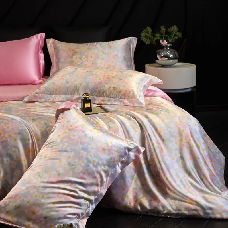 4pcs 2026 New Bedding Set Pink Purple Upgraded High-Quality Fabric Washed Ice Silk Print Skin-friendly Soft for Home Bedroom