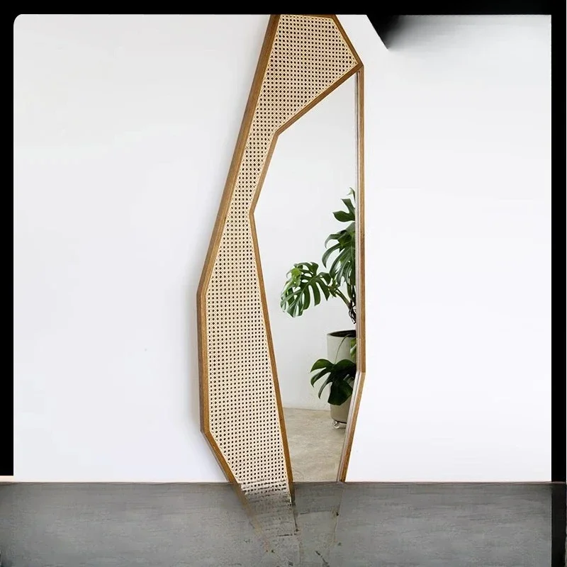 New Chinese style solid wood makeup mirror B & B hotel rattan creative mirror household simple floor