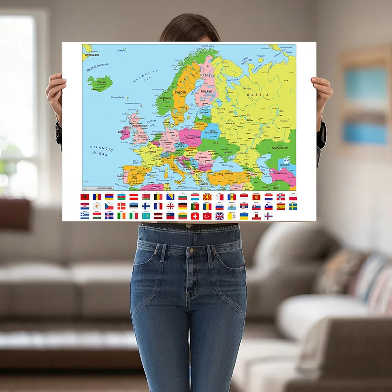 Mapa Europeo - Distribución Política - con Banderas, Póster de Mapa de Pared, para Hogar, Oficina, Aula, Viajes/Suministros Educativos