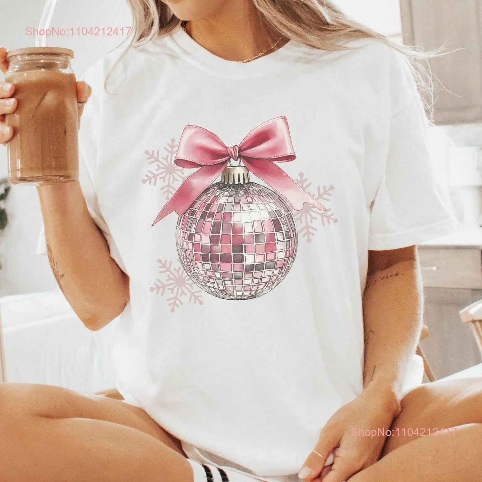 Retro Disco Ball Bow T Shirt Christmas Coquette Ornament Holiday Comfort Colors New Years Party Outfit