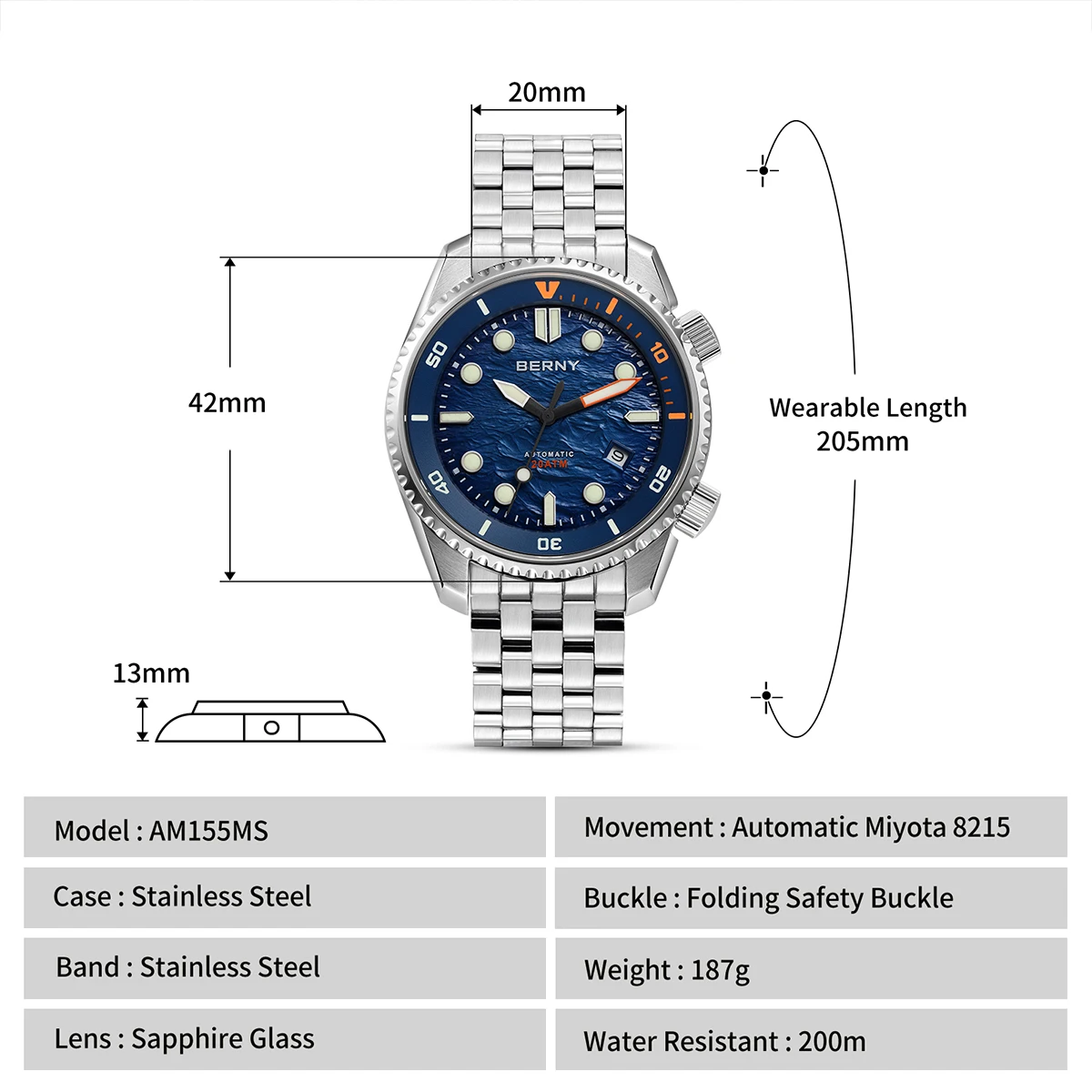 BERNY Automatische Taucheruhr für Herren, Top-Luxus, Saphirglas, 316L-Stahl, New Wave-Zifferblatt, 200 m wasserdicht, mechanische Taucher-Herrenuhren – Detail 2