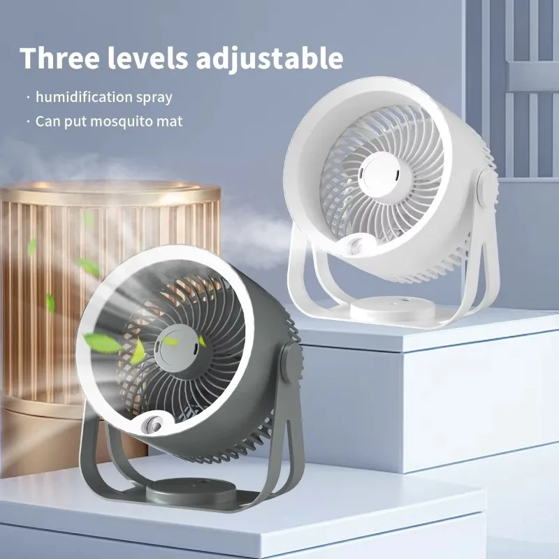 

Новый 360-градусный вращающийся вентилятор для кемпинга, использования в помещении, USB перезаряжаемый распылительный охлаждающий вентилятор со светодиодной подсветкой
