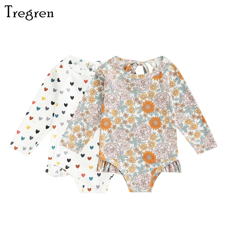 Tregren 1-6Y Kids Girls Swimsuit Heart Flower Print Long Sleeve Bathing Suit Spring Fall Winter Hot Spring Swimwear Beachwear