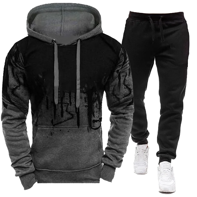 2023 Sportswear Men\'s casual Hoodie pants 2-piece autumn and winter jogging splash ink long sleeve splash ink sweater suit S-4XL