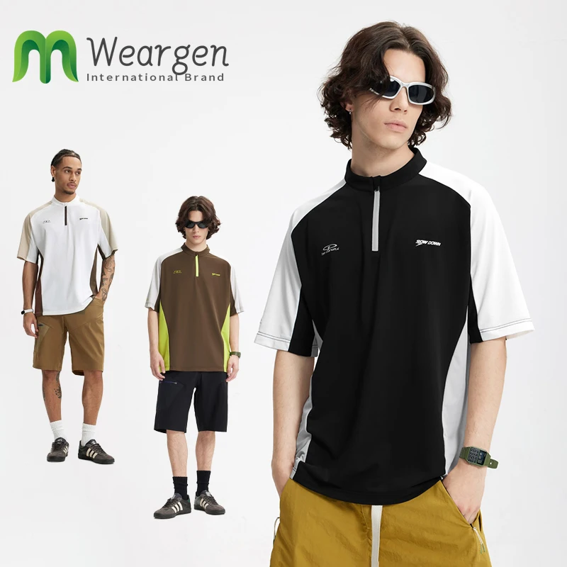

Men Cycling Zipper T-shirt Summer New Cool Pique Outdoor Sports Contrast Cut Short Sleeves 8038S25