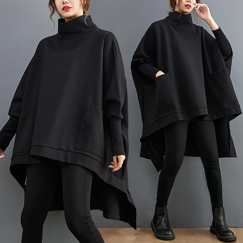 plus Size High Collar Casual Sweatshirt Slimming Asymmetrical Long Sleeve Top for plus Size Women Autumn Fashion Bf Lazy Style