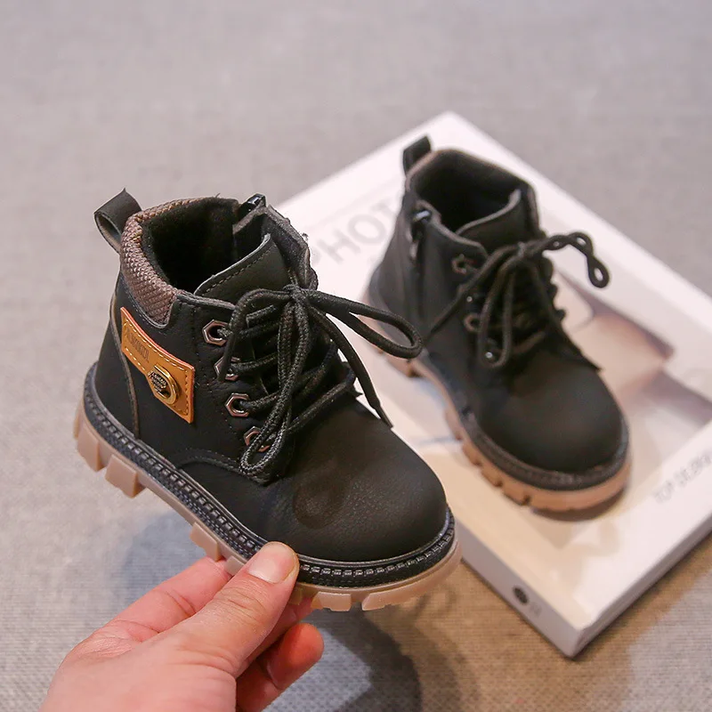 

Children Autumn Winter Fashion Warm Retro British Soft Soled Boots Boy Front Lacing Leather Boots Girls Solid Color Side Zippers